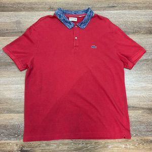 Lacoste Regular Fit Polo Shirt Alligator Measure XL Red with Blue Wash Collar